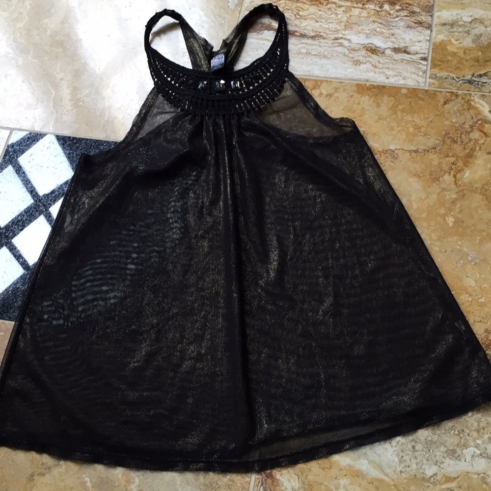 Free People Black/gold mesh racerback/lace/crystal